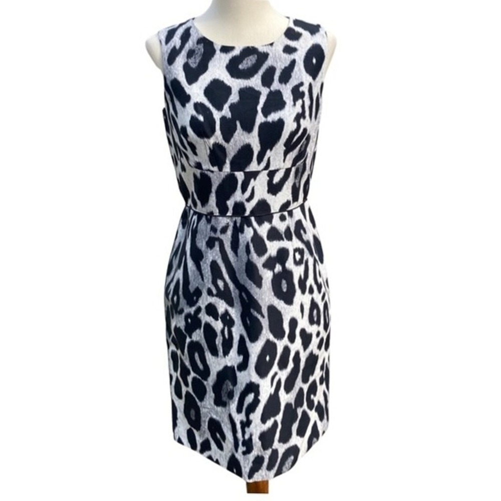 Ann Taylor 0 Petite Silk Blend Leopard Print Sheath Dress Black White Gray